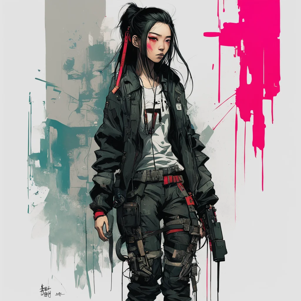 Graphic Illustration Creative Design longhair nomad girl asian techwear Cyberpunk Full Body Portrait Character Design gr