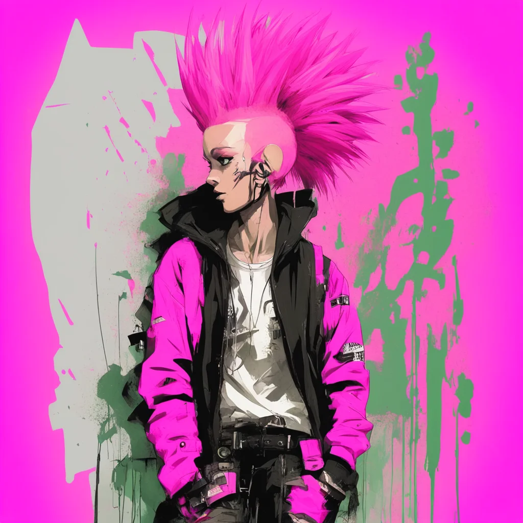 Graphic Illustration Creative Design pink mohawk hair female techwear fashion Full Body Portrait graffiti Character Desi