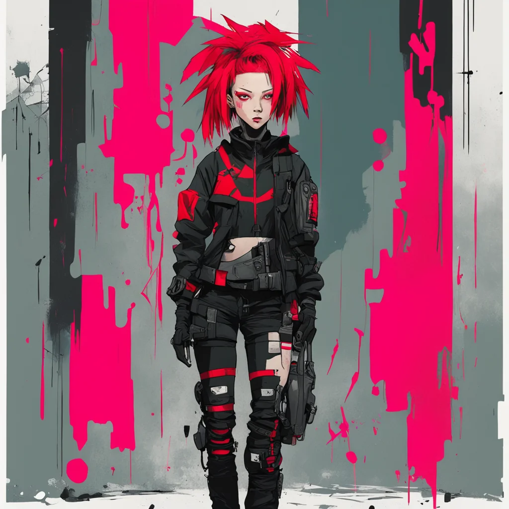 Graphic Illustration Creative Design red undercut hair syle girl techwear outfit Cyberpunk Full Body Portrait Character 