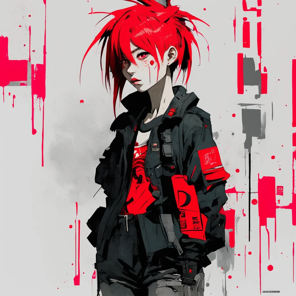 Graphic Illustration Creative Design red undercut hair syle girl techwear outfit Cyberpunk old japanese poster Full Body
