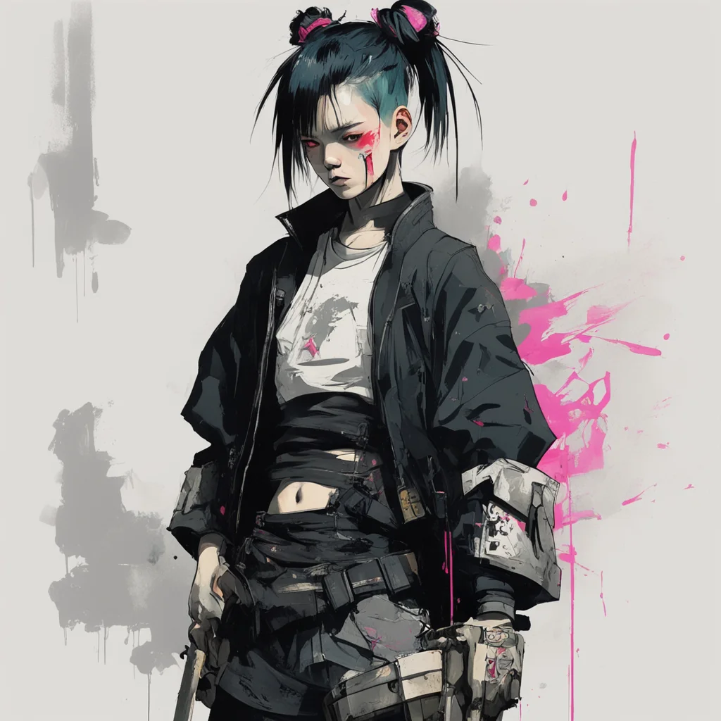 Graphic Illustration Creative Design undercut hair girl samurai techwear Cyberpunk Full Body Portrait Character Design g