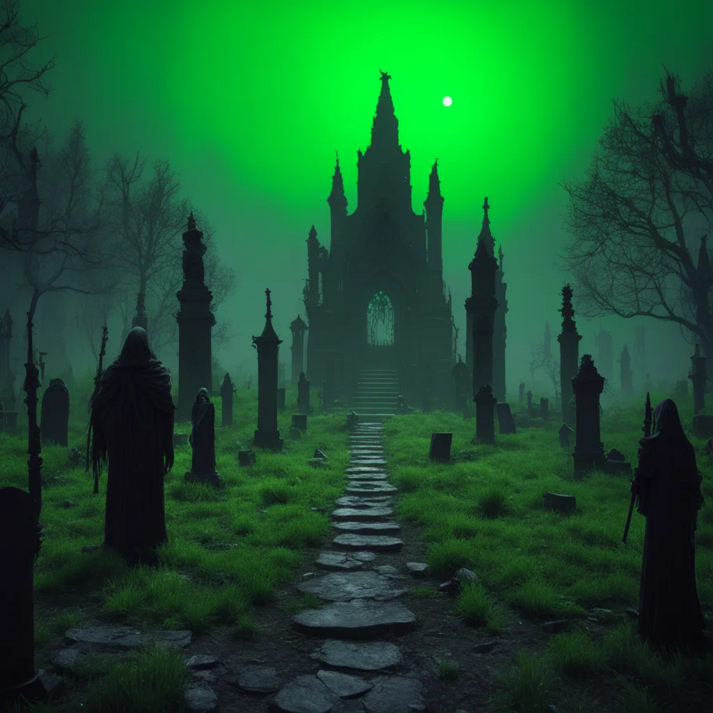 Graveyard at night cinematic ultra realistic Green colors a necromancer silhouette with ghouls Higly detailed epic composition environment Epic scale po