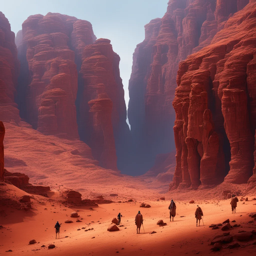 Group of berber pilgrim in the petra valley epic scale red cliff cinematic shot volumetric realistic cinematic lighting 