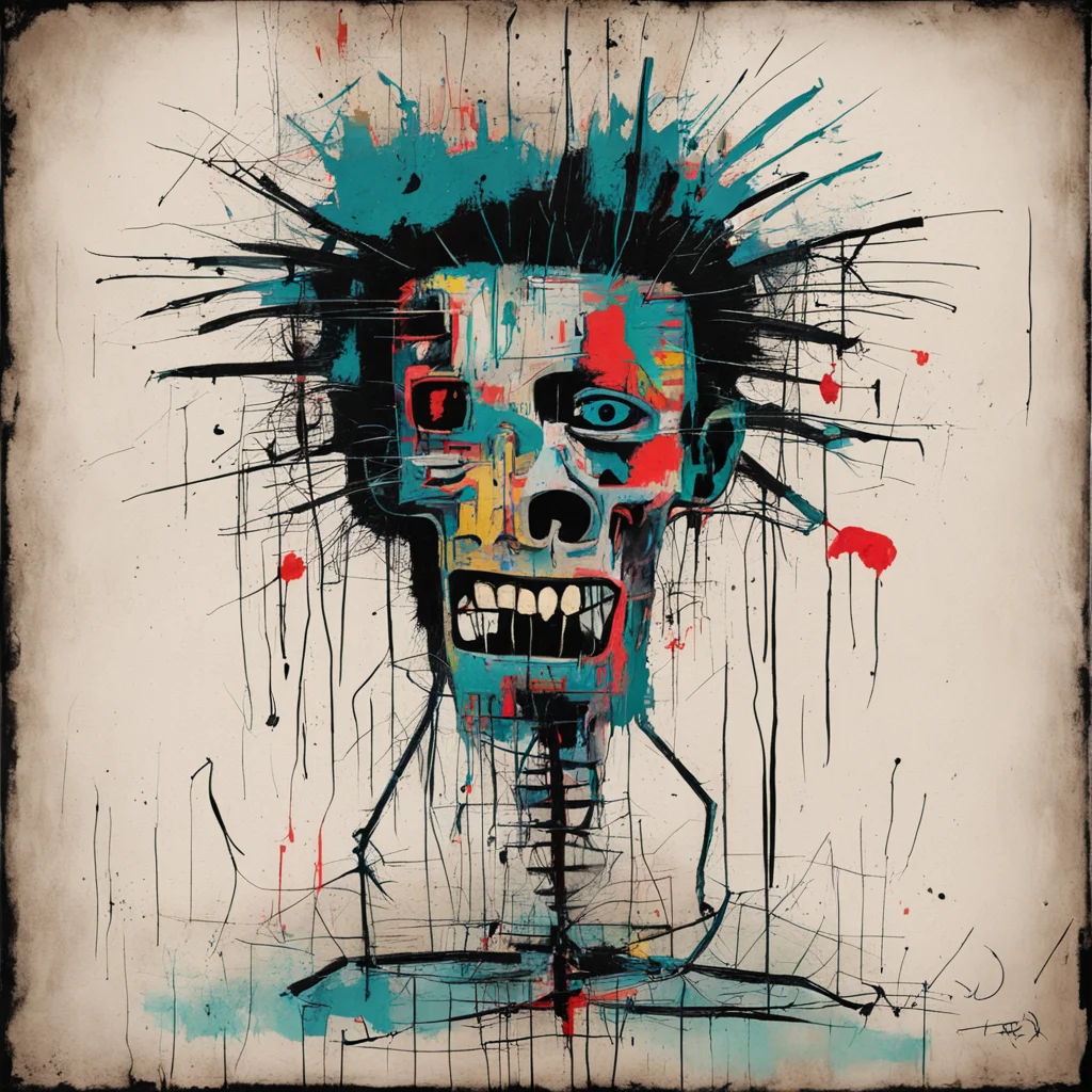 Guidance of Insanity psychological horror mind bending painting in the style of Jean Michel Basquiat no text ar 23