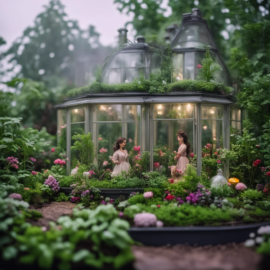 Half terrarium half Victorian conservatory dolls gardening inside are miniature people mingling at miniature garden part