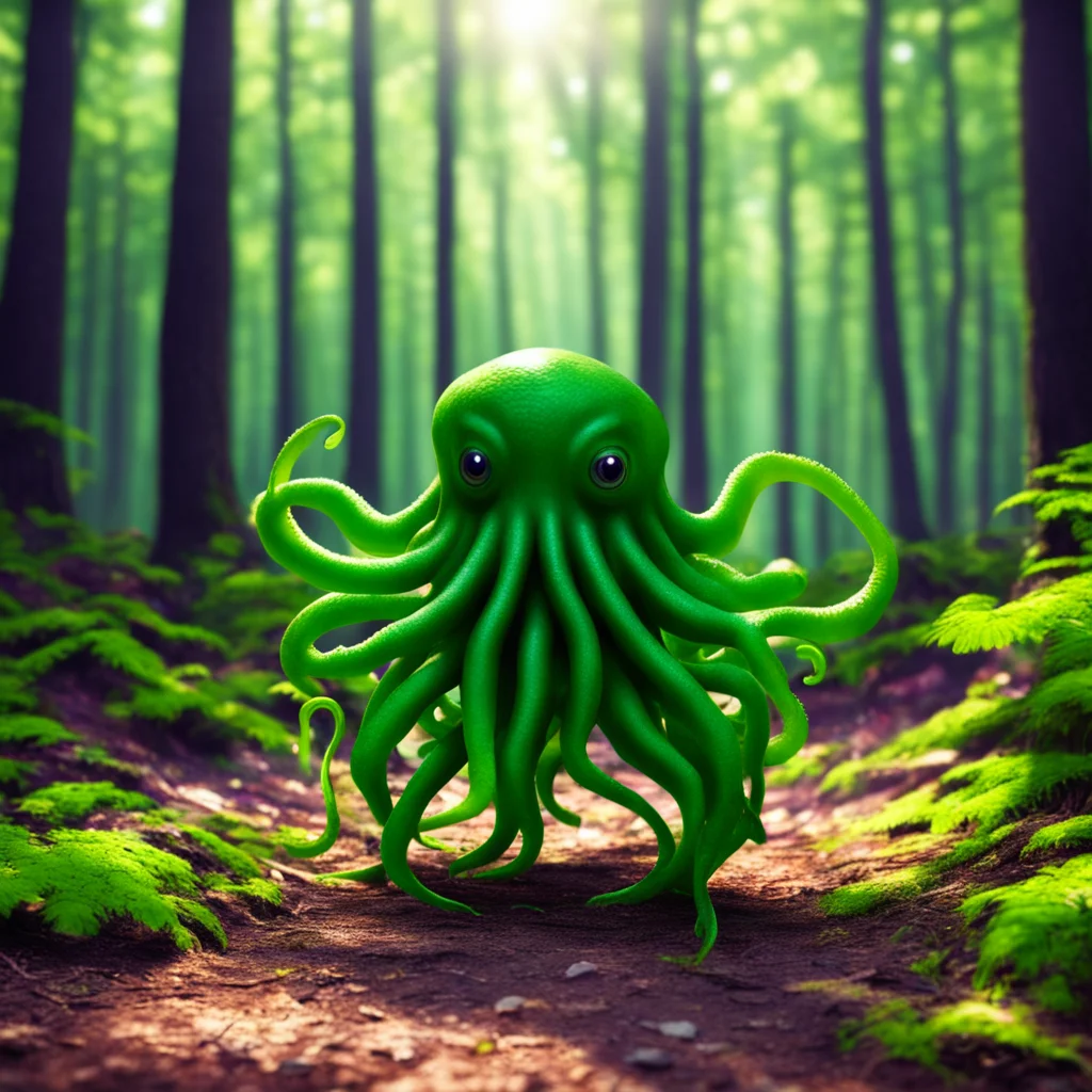 Happy kind Cthulhu dancing in the dappled sunlight on the forest floor