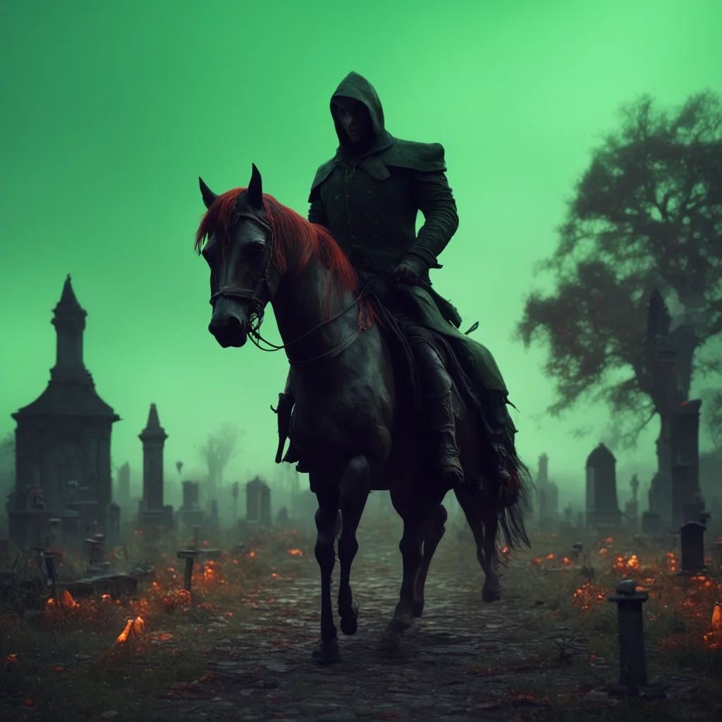 Headless horseman in a graveyard cinematic ultra realistic Darkness orange and green colors Eerie atmosphere scary gloom