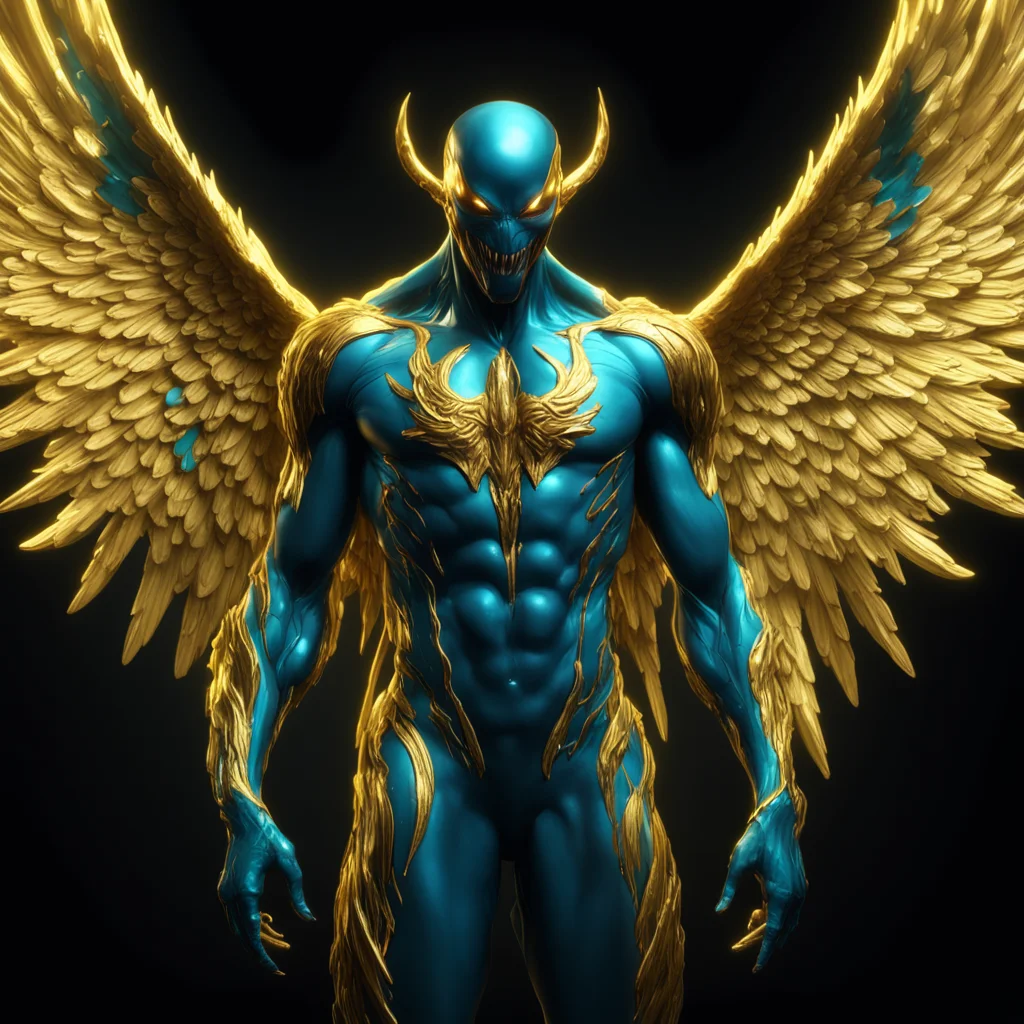 High Detailed Very Realistic Image of Venom body Golden Angel Wings attribute Hyper Realistic 4k Render 3d Render Reflec