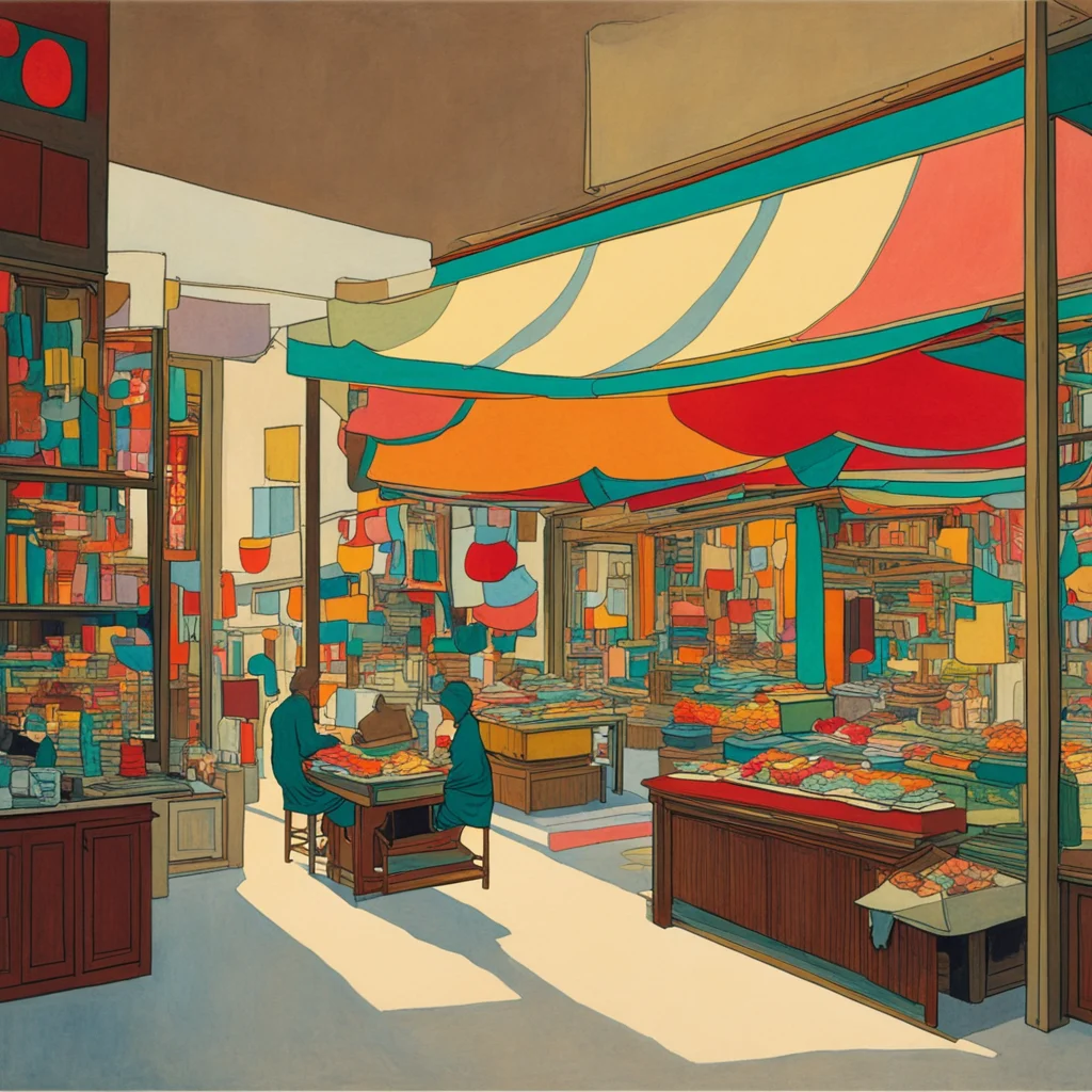 Hiroshi Yoshida Kandinsky Edward Hopper middle eastern market interior fantasy ar 169