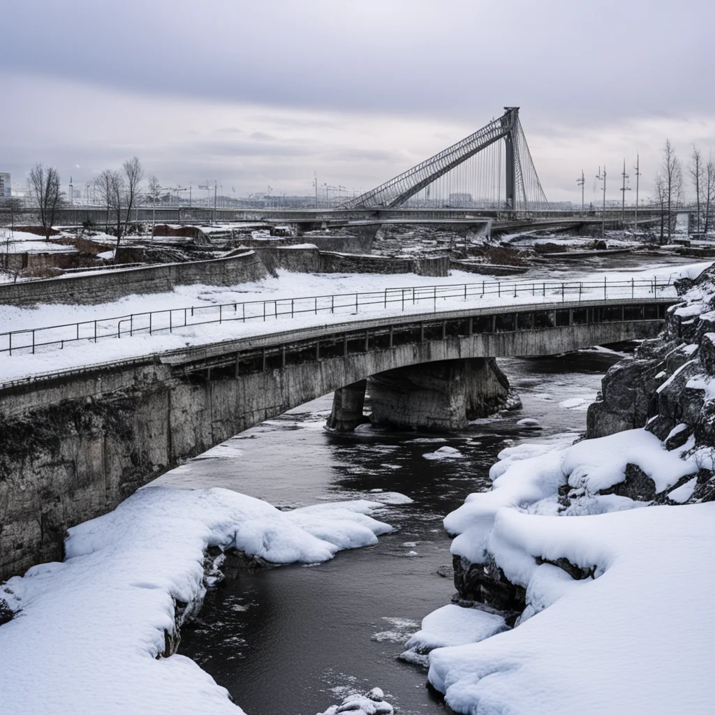 Hisingsbron bridge collapsed into the river in a frozen over post apocalyptic nuclear winter Gothenburg city Göteborg te