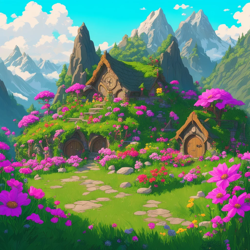 Hobbit houses mountains flowers all over the mountainsin Studio Ghibli style breath of the wild styleh 1440w 2560