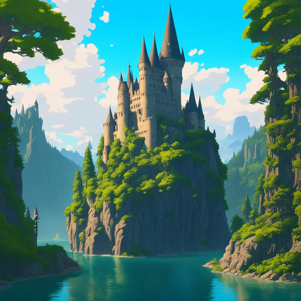 Hogwarts Castle5 Great Lakes3 Dense forest8 by studio ghibli breath of the wild style epic composition ar 169