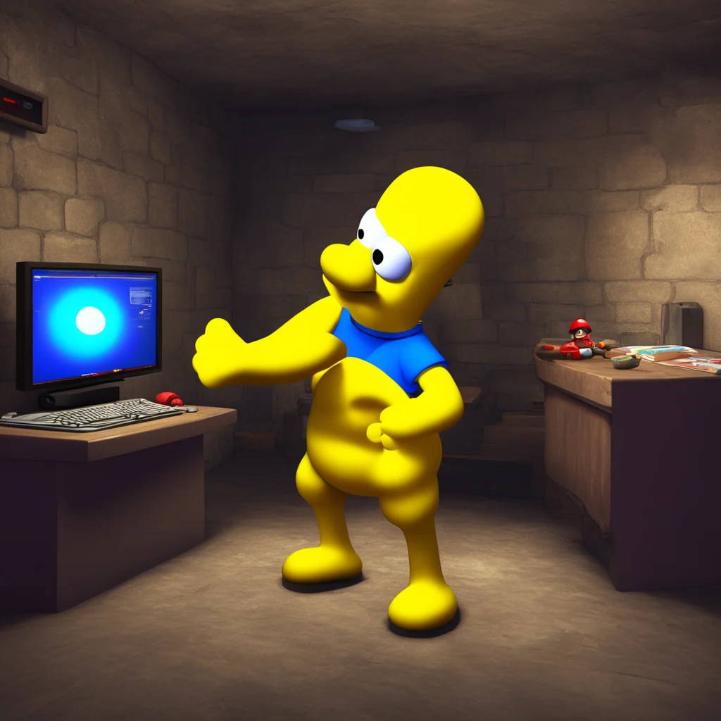 Homer Simpson playing mario 64 in a dimmly lit basement