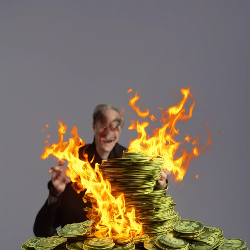 Human person setting fire to a stack of money laughing —no text —ar 169 —stop 85 hd