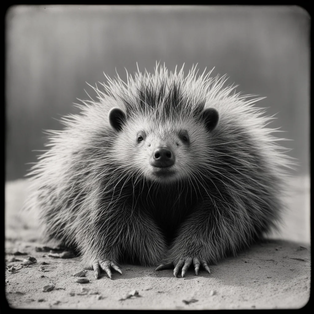 Humanoid porcupine hybrid lying down low angle very detailed by Ansel Adams Tintype 1800s ar 169