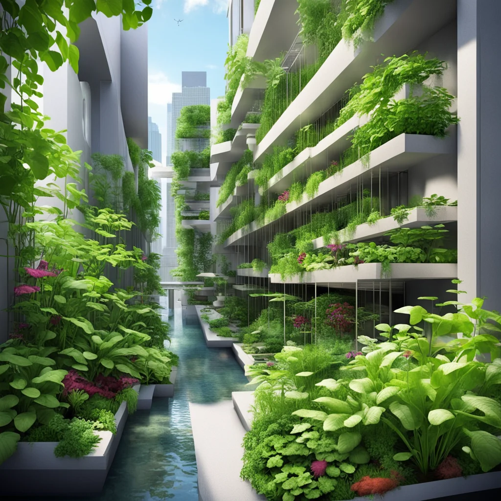 I wanna see a futuristic aquaponic community garden in an alleyway between two high rises Where the center is a rain gar