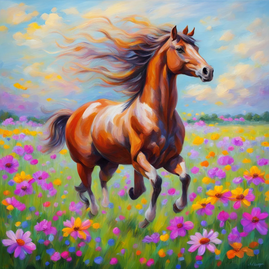 Impressionist oil painting on canvas galloping horse across a flowery meadow Its windblown mane is made of flowers