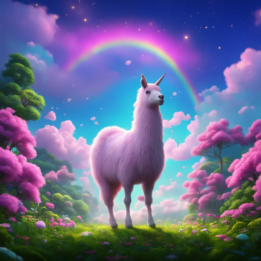 In a cloud forest unicorn llama standing cotton candy tail rainbow stretches across the sky in distance light glowing ni