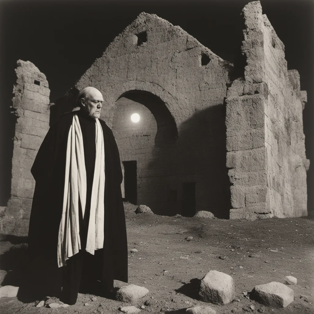 In front of the crumbling Abbey of thelema in sicily aleister crowley stands in the night and the moonlight shines on him Vintage photo realistic Chaos magi