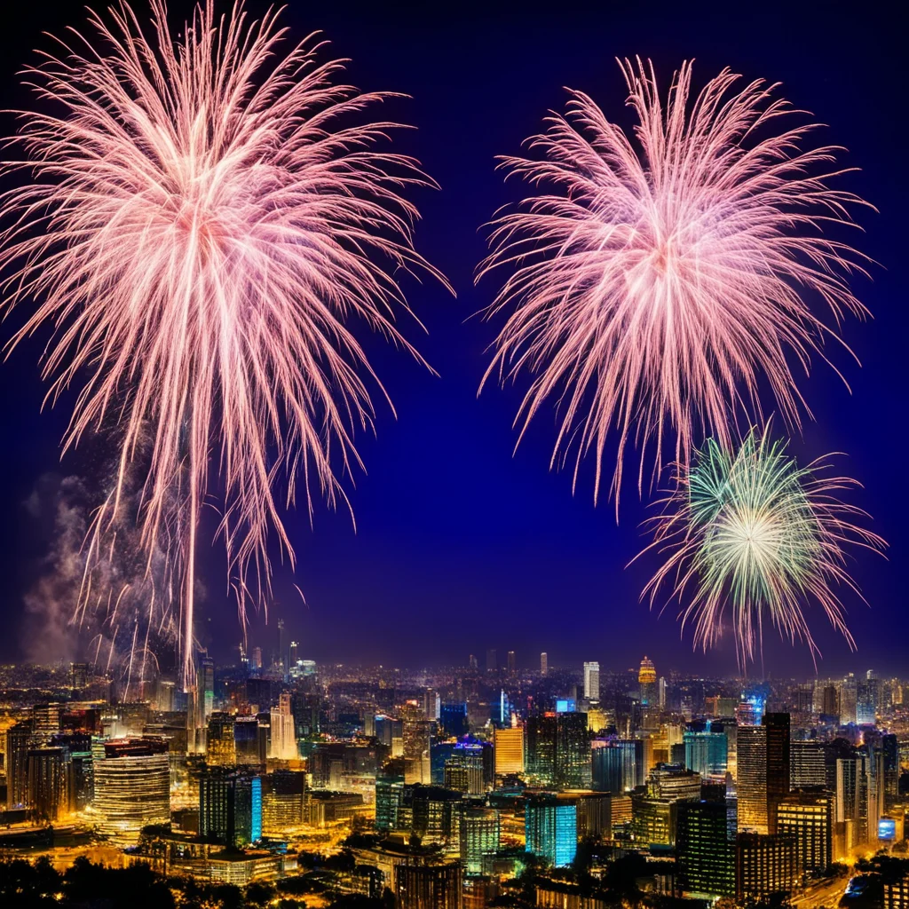 Independence Day magnificent fireworks in city at nightdetailed ar 169