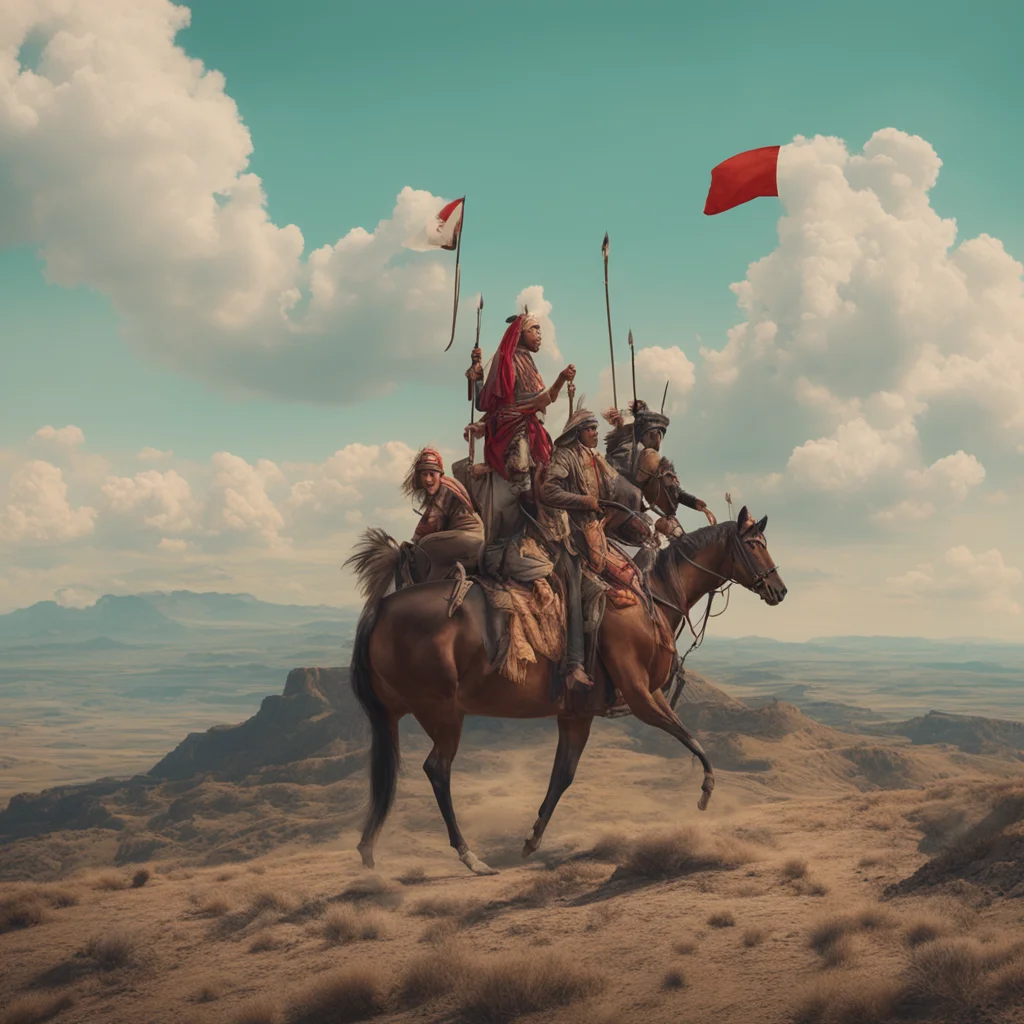Indians on a horse holding forks  on a hill detailed matte painting bauhaus 8K