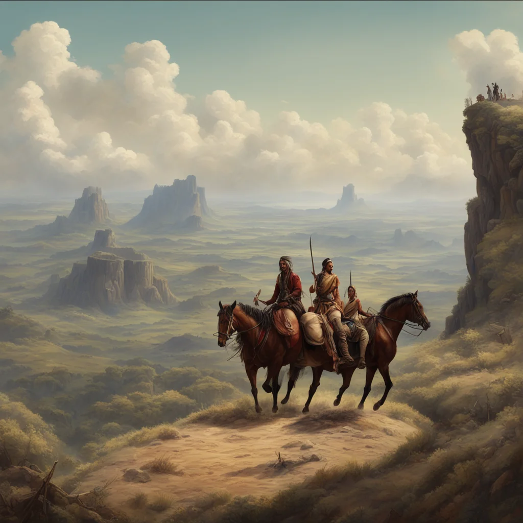 Indians on a horse holding forks  on a hill detailed matte painting