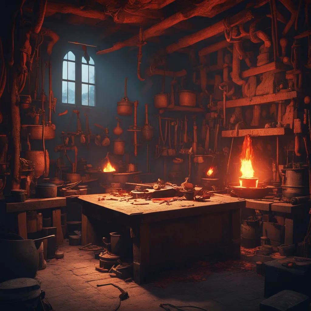 Interior of a Blacksmiths Forge Red light Cluttered with Tools and Weapons Forge Dramatic lighting Epic composition Wide