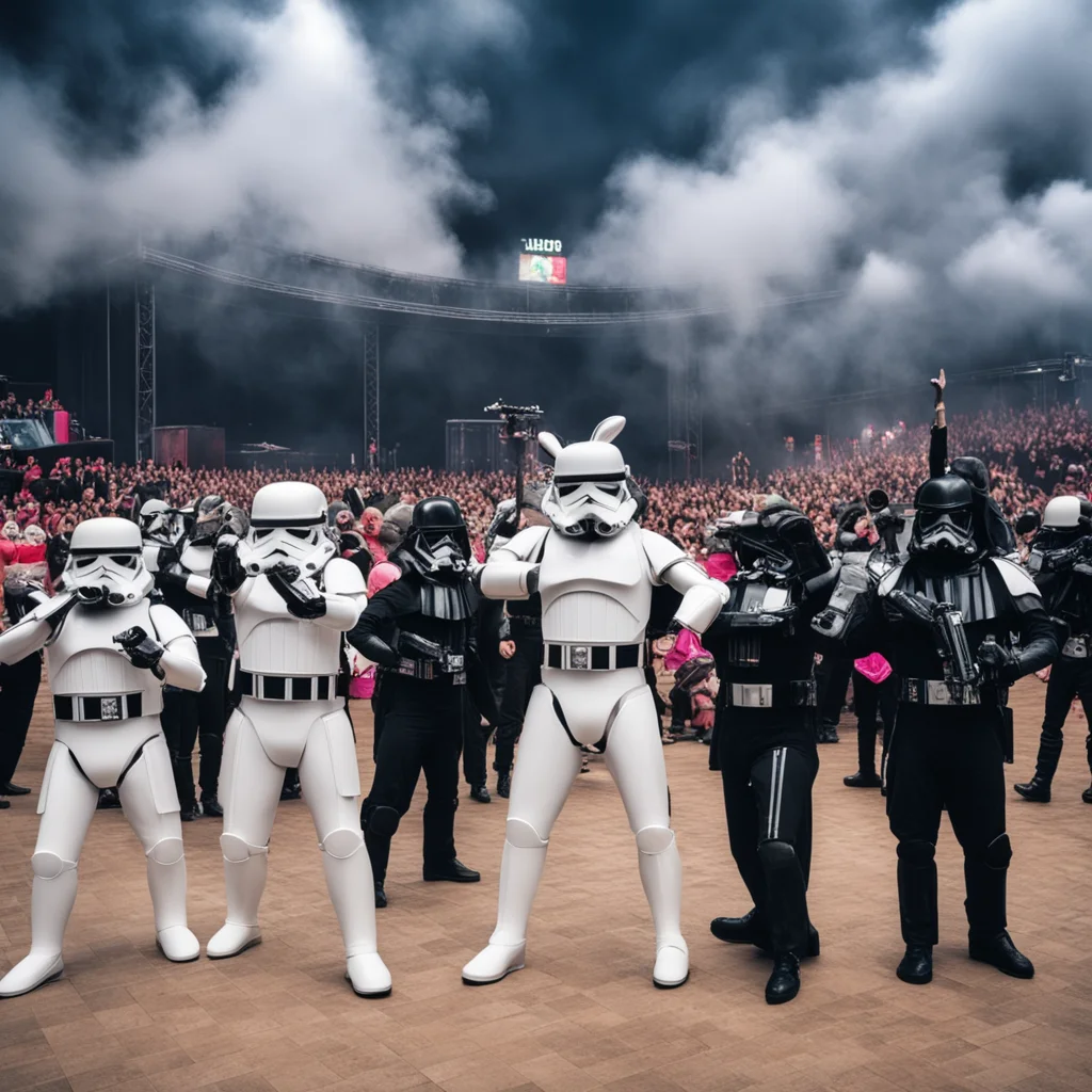 Italo band Darth and the Stormtroopers performing live at the big stage at Liseberg costumed Liseberg bunnies dancing in