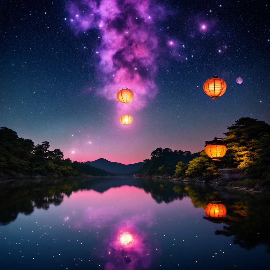 Japanese lanterns float along the river before settling among the stars Nebula Nighttime Peaceful