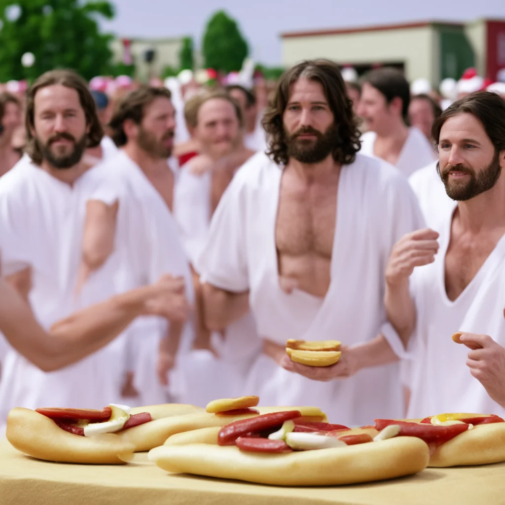 Jesus Christ competing in a hot dog eating contest | 2009 news footage ar 169