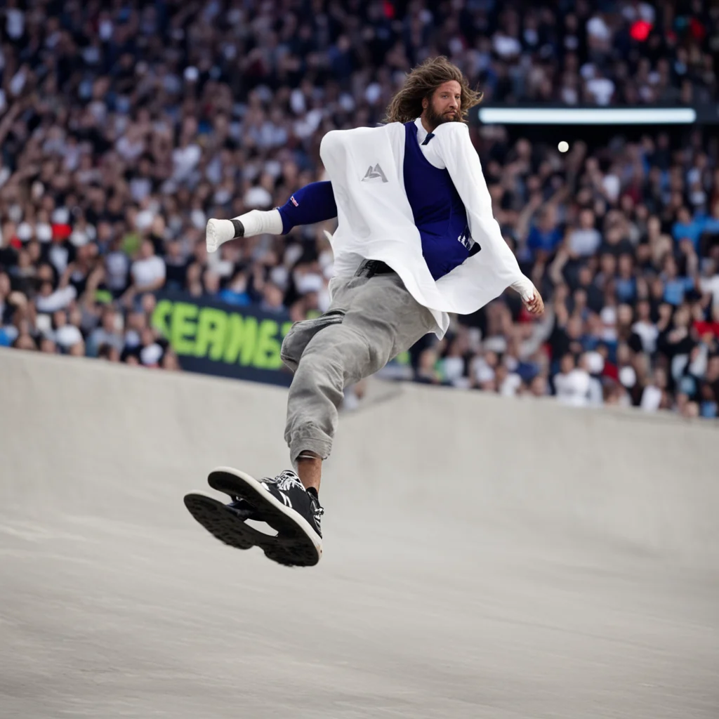 Jesus doing a kick flip at the X Games