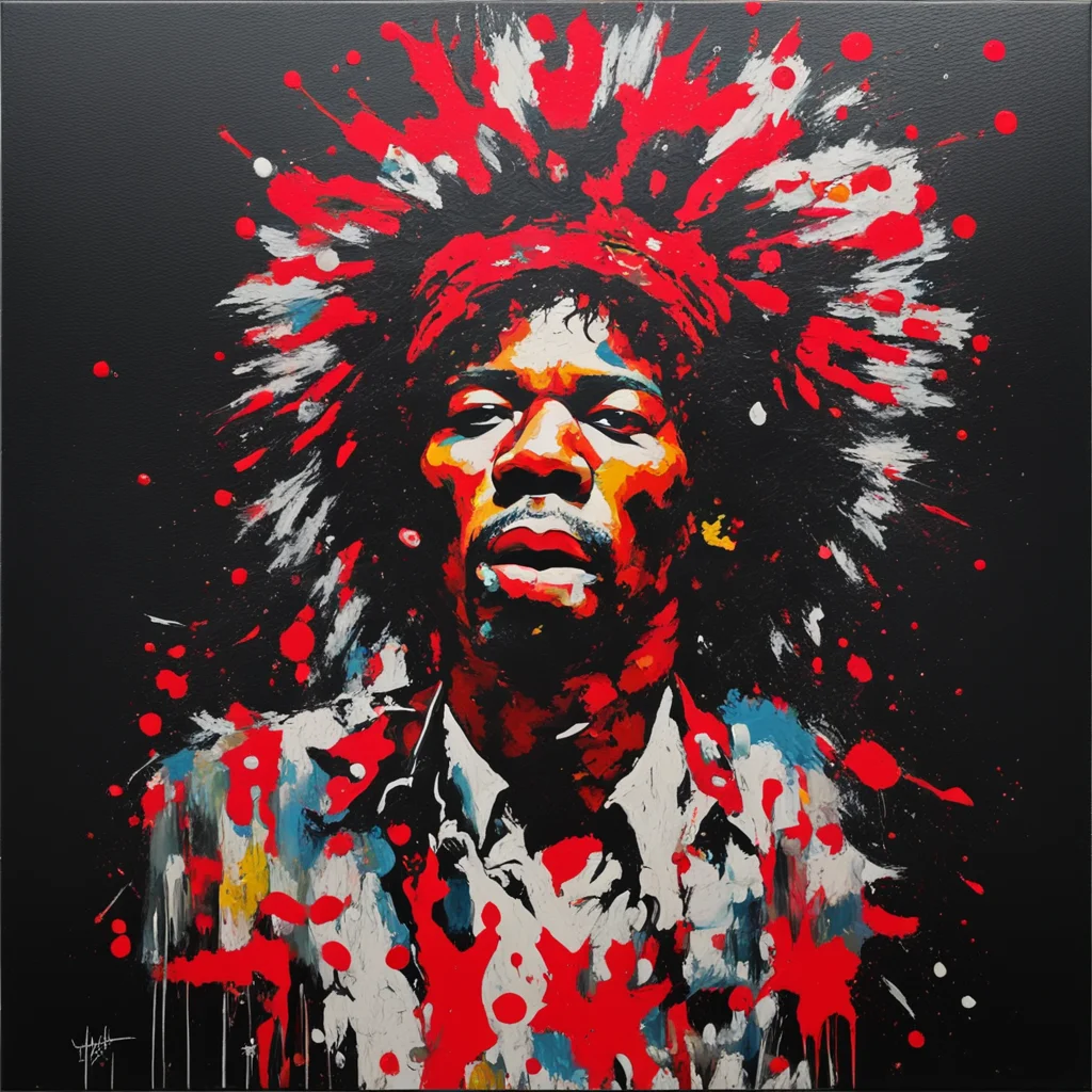 Jimi Hendrix playing singing spattered paint black background red headband guitar Woodstock pallet knife oil paint
