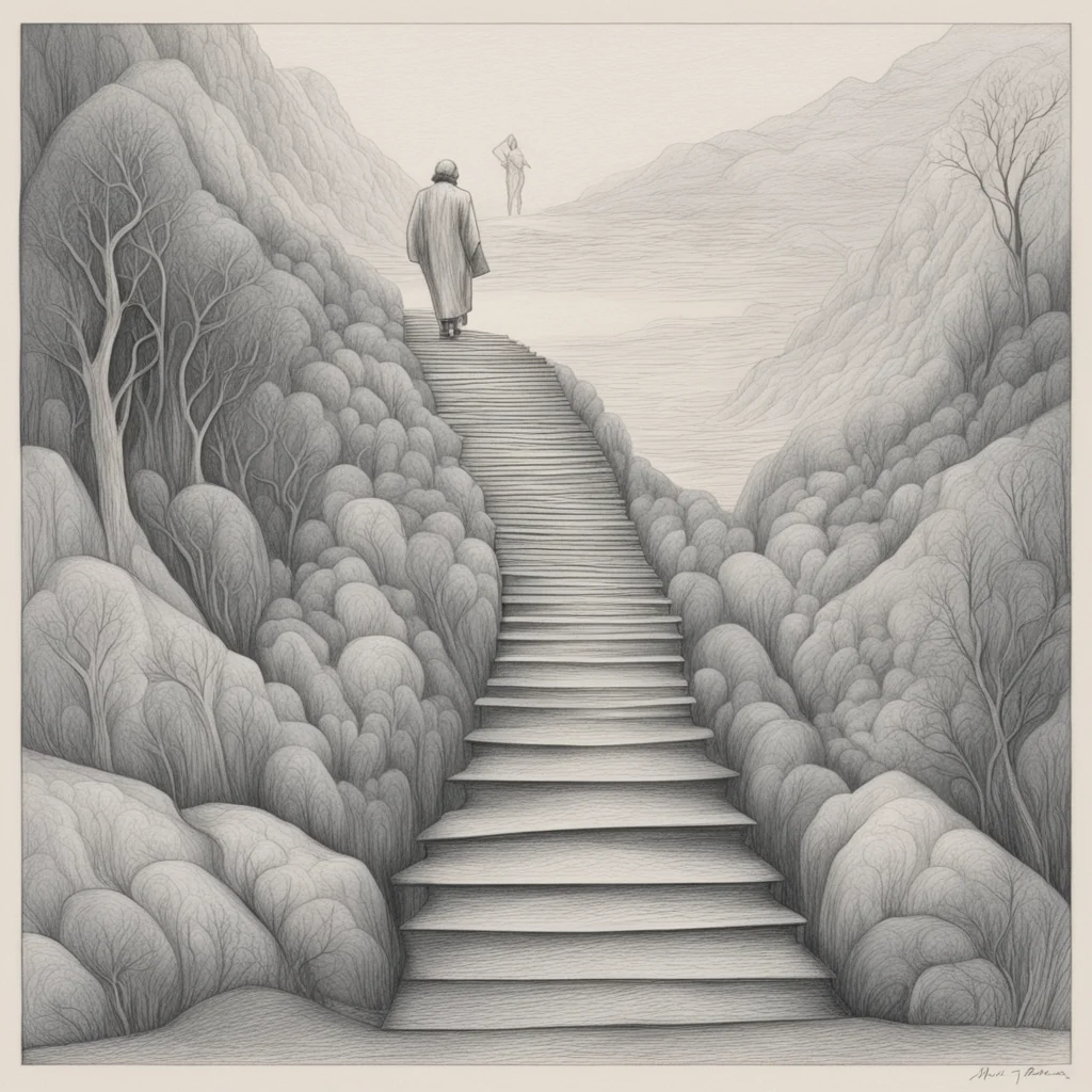 Jungian dream analysis pencil drawings with stairs in a landscape and creepy lonely figure