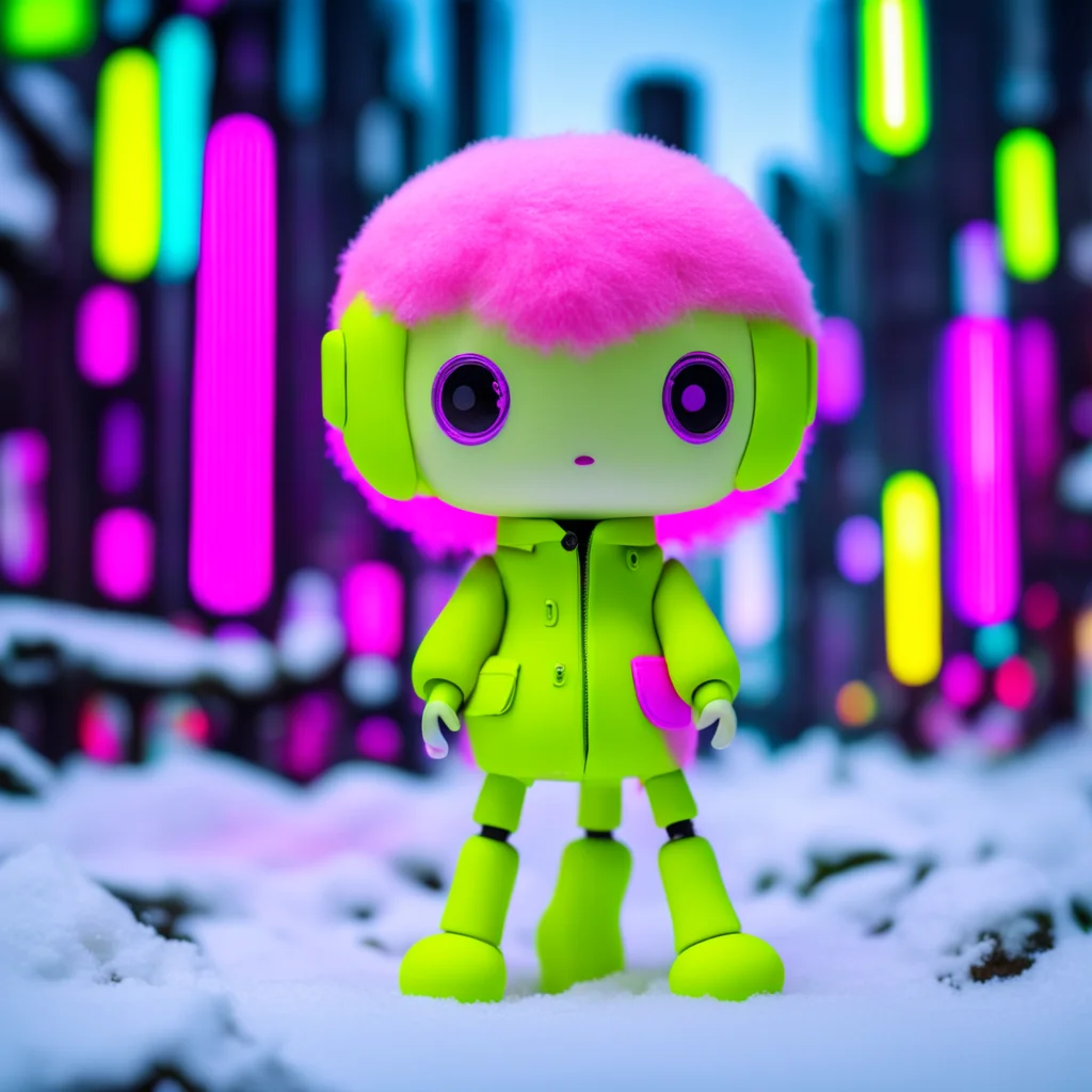 Kodama style city spirit toy neon yellow and pink product photoshoot for the studio ghibli 85 mm f18 snowy cyberpunk cit