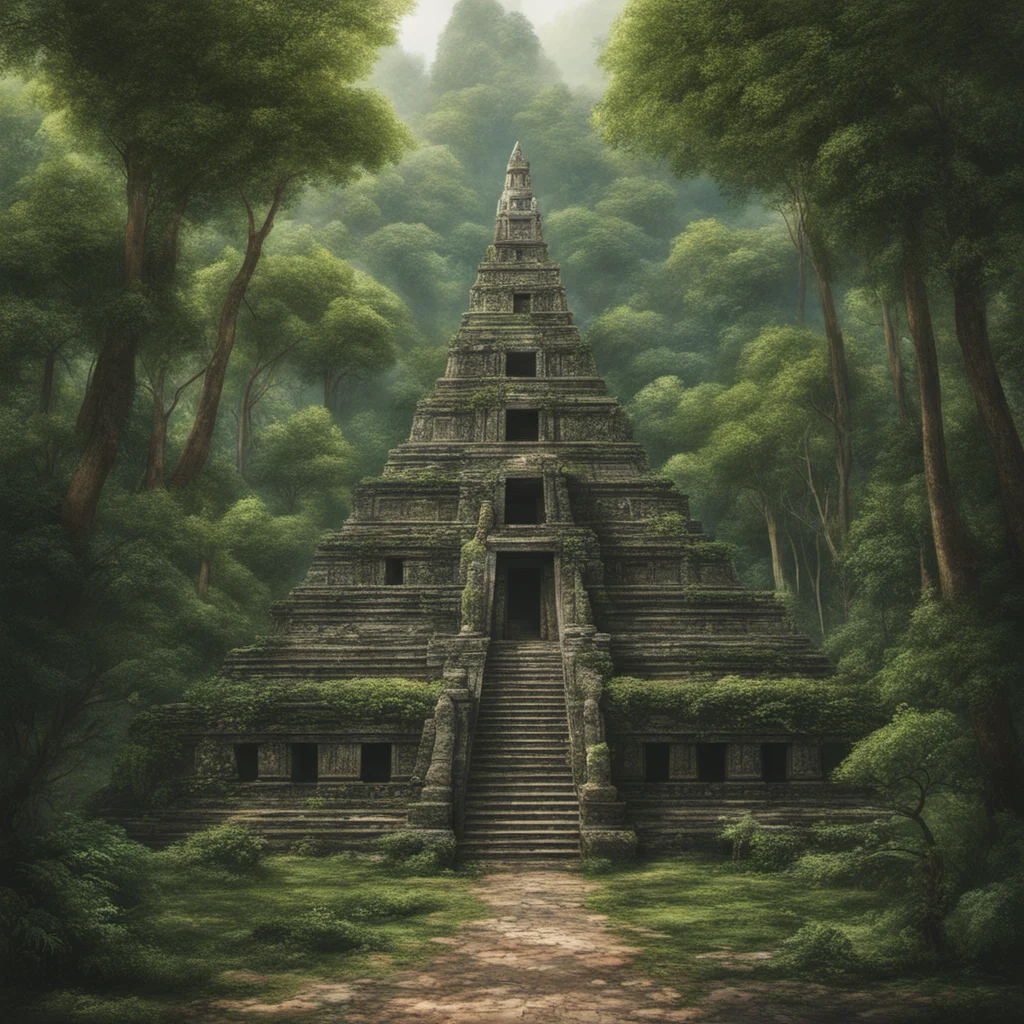 Large Stone pyramid temple in a dense green jungle teeming with life landscape hyperrealism photograph