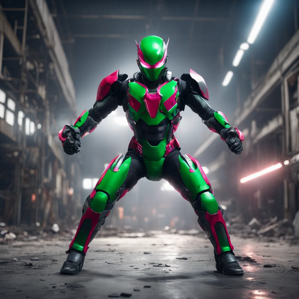 Lighting eyes Kamen Rider in action pose abandoned factory super wide view ultra detailed speed effect flash effect Stud