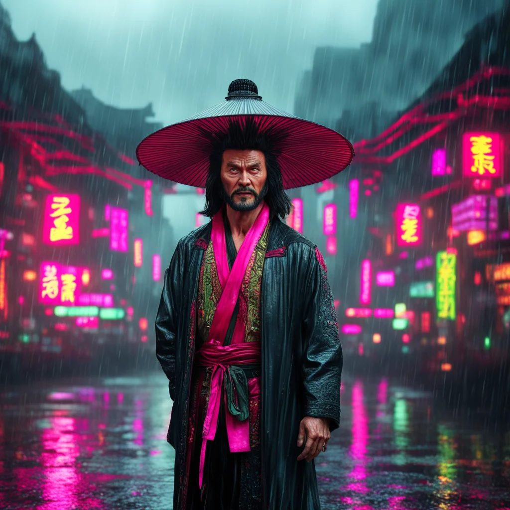 Lo Pan from Big Trouble in Little China in a futuristic setting in San Francisco Cinematic scenery Rainy 8k render Ultra
