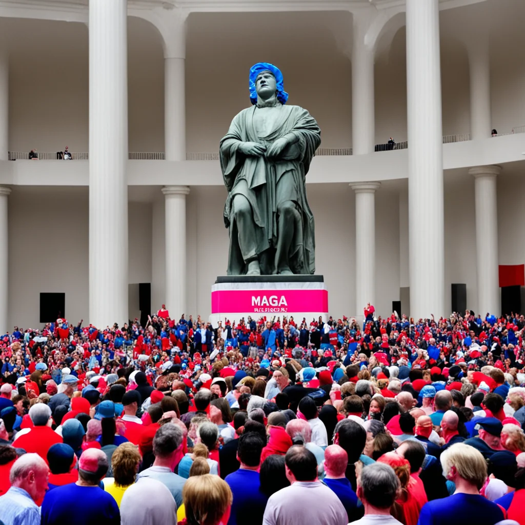 MAGA rally at an American megachurch  people worshipping a statue of Donald Trump
