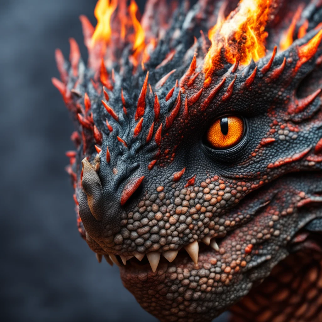 Macro shot of dragons face up close fire in its eyes scales