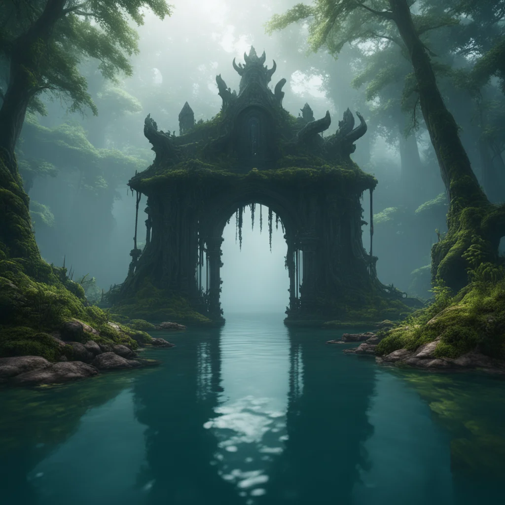 Magical Gateway on top of a small octopus in the middle of a lake surrounded by dense forest cinematic lighting Unreal e