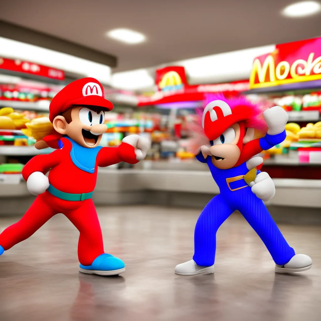 Mario and Sonic fighting in a McDonalds