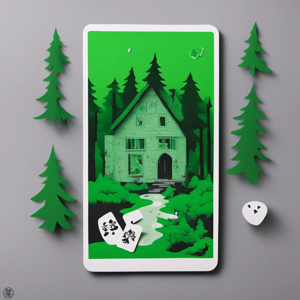 Matte green paper  Playing card  Candy cabin in the middle of the woods  Hans and Gretel  black ink