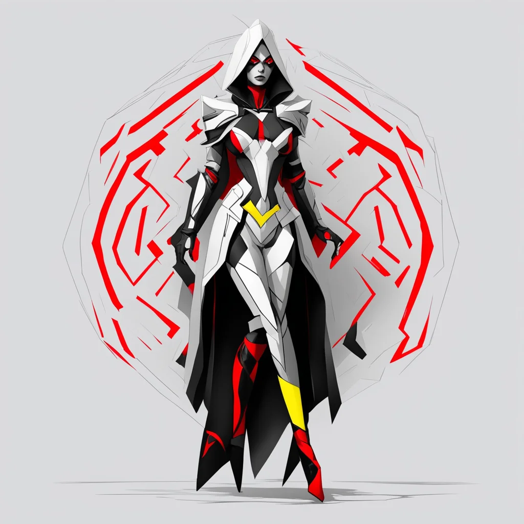 Maze Sorceress female super villain angular geometric character design  black white red yellow color palette wide shot f
