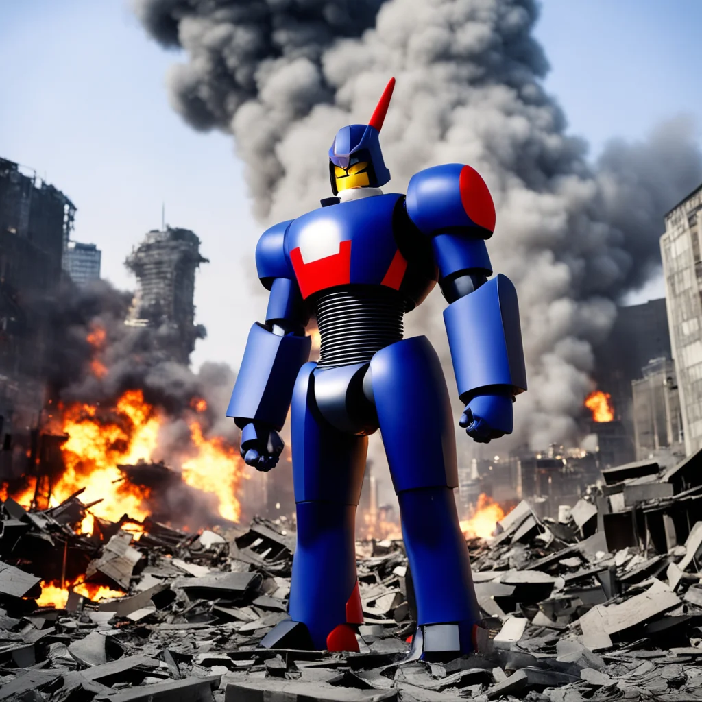 Mazinger Z Robot is standing in destroyed Toyko city explosion effect Studio Trigger TOEI Animation ar 43