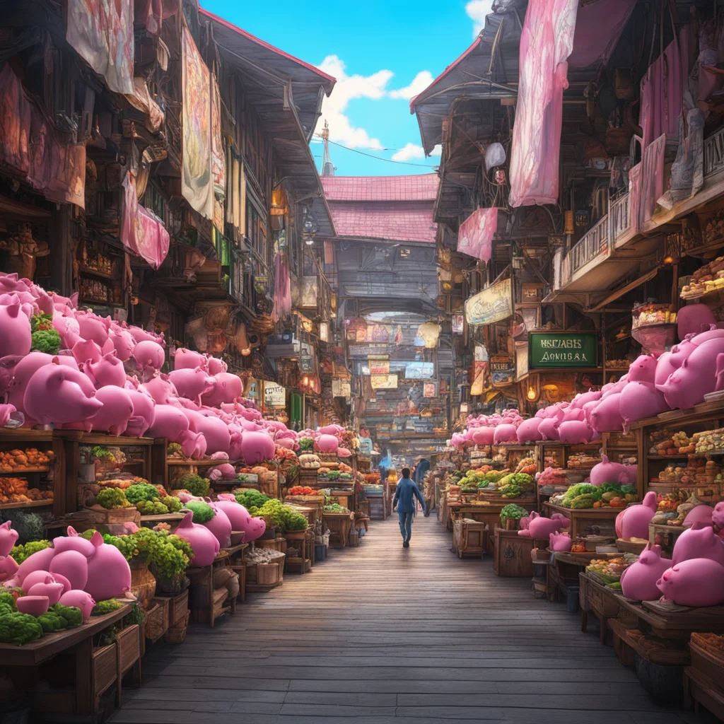 Melbournes Victoria Market by Miyazaki Nausicaa Ghibli pink pigs spirited away style maximum detail wide angle cinematic