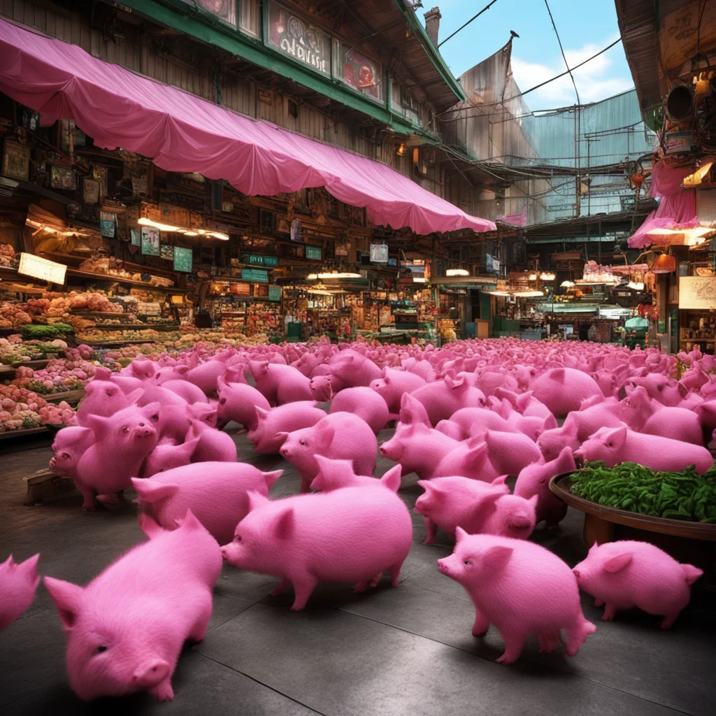 Melbournes Victoria Market by Miyazaki Nausicaa Ghibli spirited away style10 small pink pigs15 maximum detail wide angle