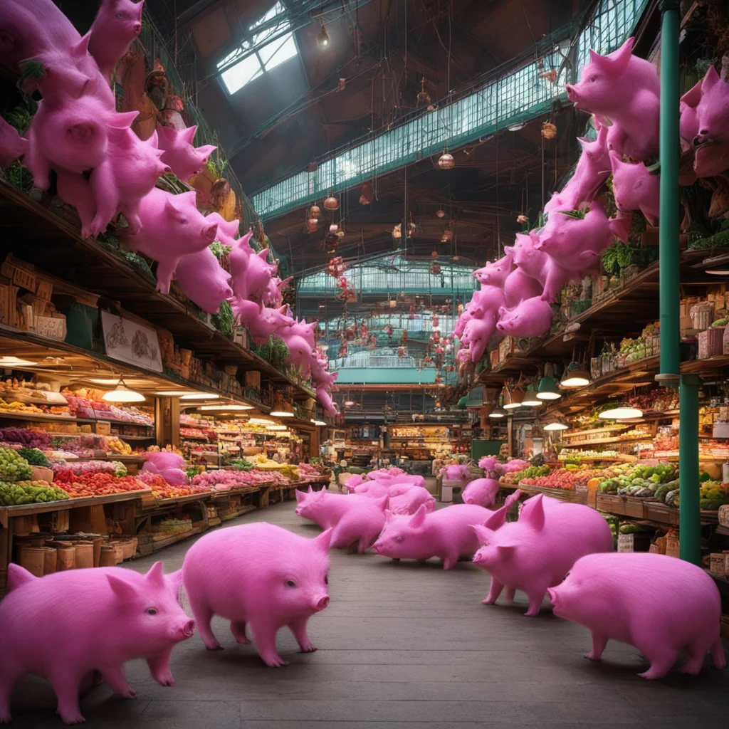 Melbournes Victoria Market by Miyazaki Nausicaa Ghibli spirited away style10 small pink pigs2 maximum detail wide angle 