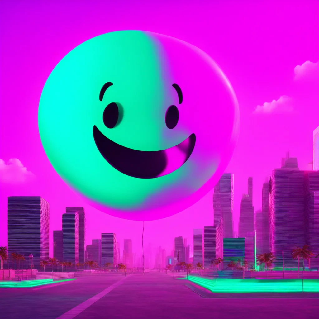Miami vice synthwave city with a huge smiley face balloon in the sky ray trace octane render 4k