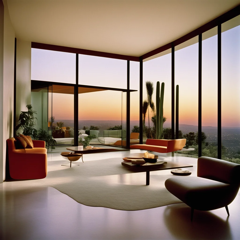 Mid century modern interior designed by Ray and Charles Eames at sunset photographed by Julius Shulman