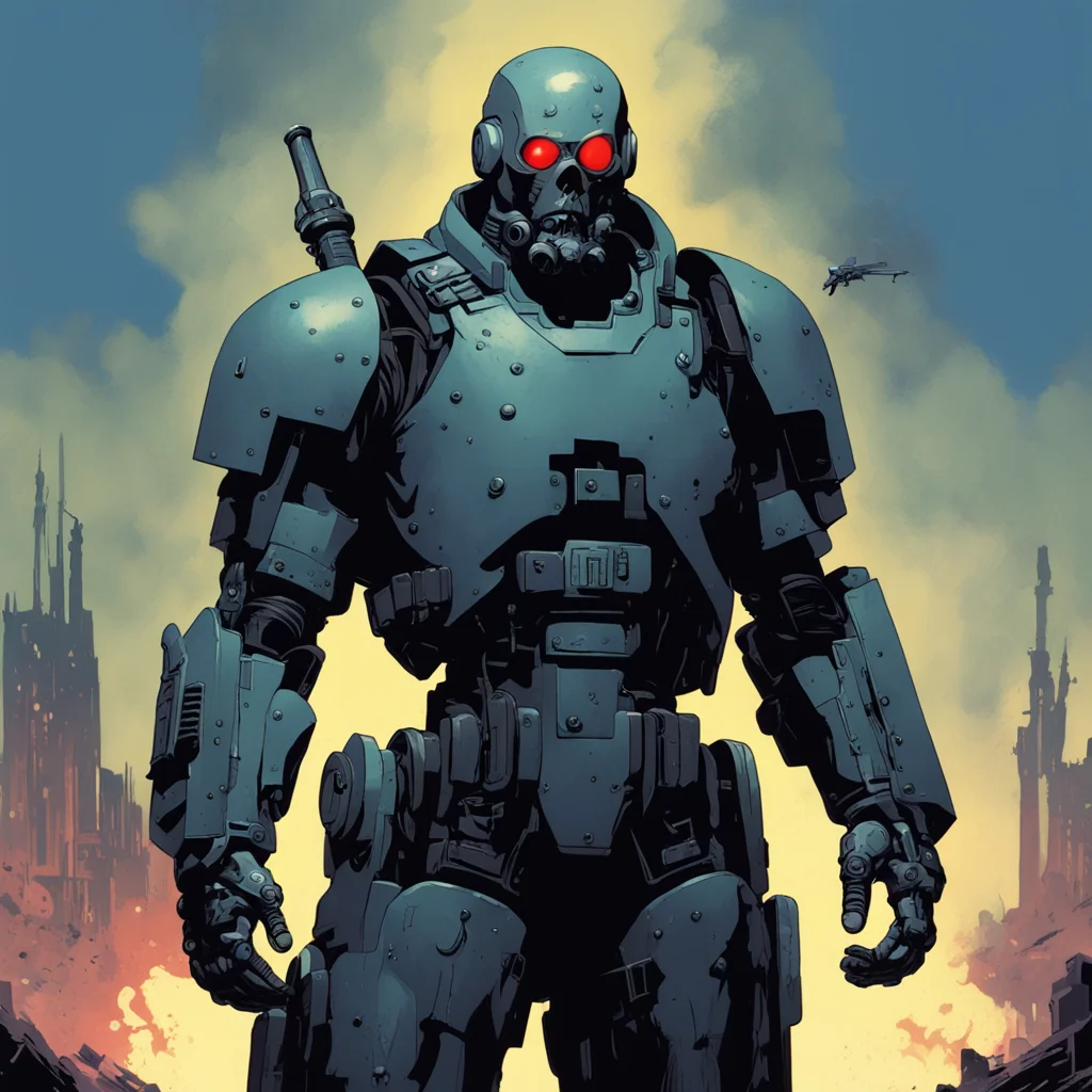 Mike Mignola graphic novel dark dystopian laser weapon cyborg commander vast armies extreme detail photorealistic render
